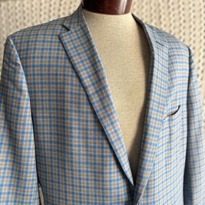 Bespoke Holland & Sherry Tom James Check Wool Sport‎ Coat Tailored Fit Blue 46L
